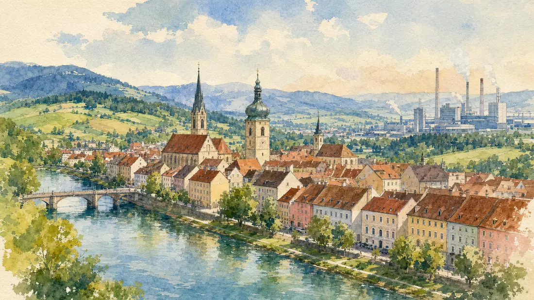 Aquarell einer bayerischen Flussstadt mit Altstadtsilhouette und Industriegebäuden im Hintergrund