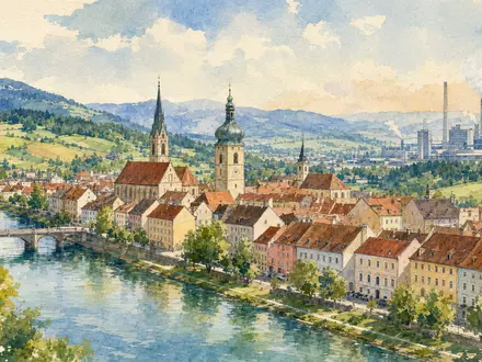 Aquarellmalerei symbolisiert Krones AG DE0006335003 mit bayerischer Flusslandschaft, historischer Altstadt und fernen Industriegebäuden am Horizont - Foto: THN