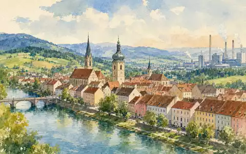 Aquarellmalerei symbolisiert Krones AG DE0006335003 mit bayerischer Flusslandschaft, historischer Altstadt und fernen Industriegebäuden am Horizont - Foto: THN