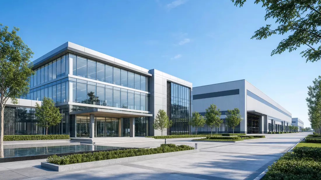 Architektur-Render einer modernen Firmenzentrale mit Glasfassade neben großer Produktionshalle