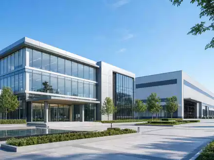 Architektur-Rendering visualisiert Krones AG DE0006335003 als moderne Firmenzentrale mit Glasfassade neben Produktionshalle unter blauem Himmel - Foto: THN