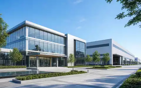 Architektur-Rendering visualisiert Krones AG DE0006335003 als moderne Firmenzentrale mit Glasfassade neben Produktionshalle unter blauem Himmel - Foto: THN