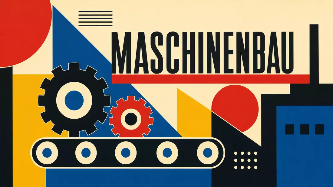 Bauhaus-Poster mit geometrischen Formen, Zahnrädern und Förderband sowie dem Wort Maschinenbau