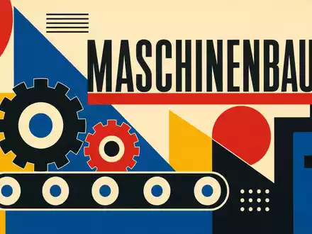 Bauhaus-Poster repräsentiert Krones AG DE0006335003 mit geometrischen Formen, Zahnrädern und Förderband sowie großem Schriftzug Maschinenbau - Foto: THN