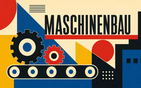 Bauhaus-Poster repräsentiert Krones AG DE0006335003 mit geometrischen Formen, Zahnrädern und Förderband sowie großem Schriftzug Maschinenbau - Foto: THN