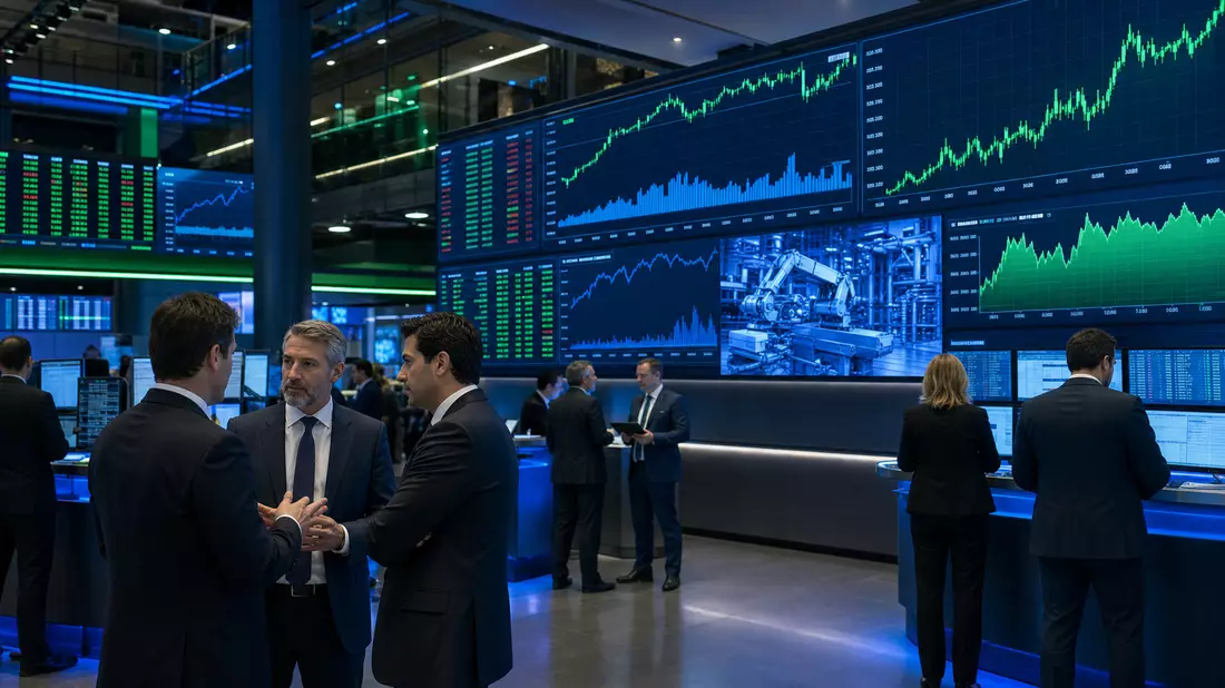 Trading-Floor mit Analysten vor Bildschirmen und Kursdiagrammen der Maschinenbau-Branche