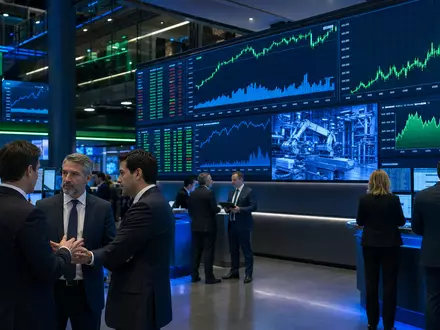 Börsen-Editorial für Krones AG DE0006335003 zeigt Trading-Floor mit Analysten vor Bildschirmen und Kursdiagrammen der Maschinenbau-Branche - Foto: THN
