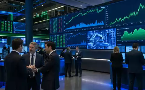 Börsen-Editorial für Krones AG DE0006335003 zeigt Trading-Floor mit Analysten vor Bildschirmen und Kursdiagrammen der Maschinenbau-Branche - Foto: THN
