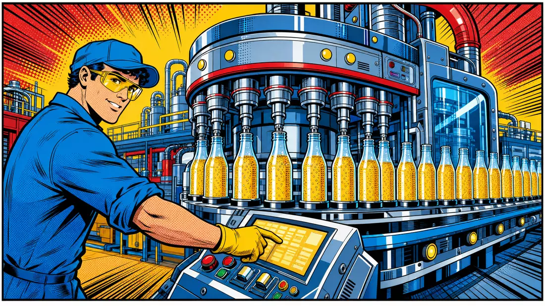 Pop-Art-Comic zeigt Arbeiter an futuristischer Abfüllmaschine mit bunten Glasflaschen