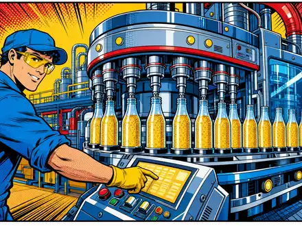 Pop-Art-Comic feiert Krones AG DE0006335003 mit farbenfroher Illustration eines Arbeiters an futuristischer Abfüllmaschine im Comic-Stil - Foto: THN
