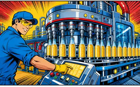 Pop-Art-Comic feiert Krones AG DE0006335003 mit farbenfroher Illustration eines Arbeiters an futuristischer Abfüllmaschine im Comic-Stil - Foto: THN