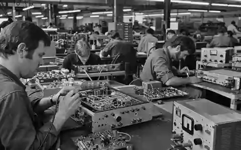 Schwarzweiße Reportage-Aufnahme dokumentiert Techniker bei L3Harris Technologies, ISIN US5024311095, montieren Kommunikationselektronik in Fabrikhalle - Foto: THN