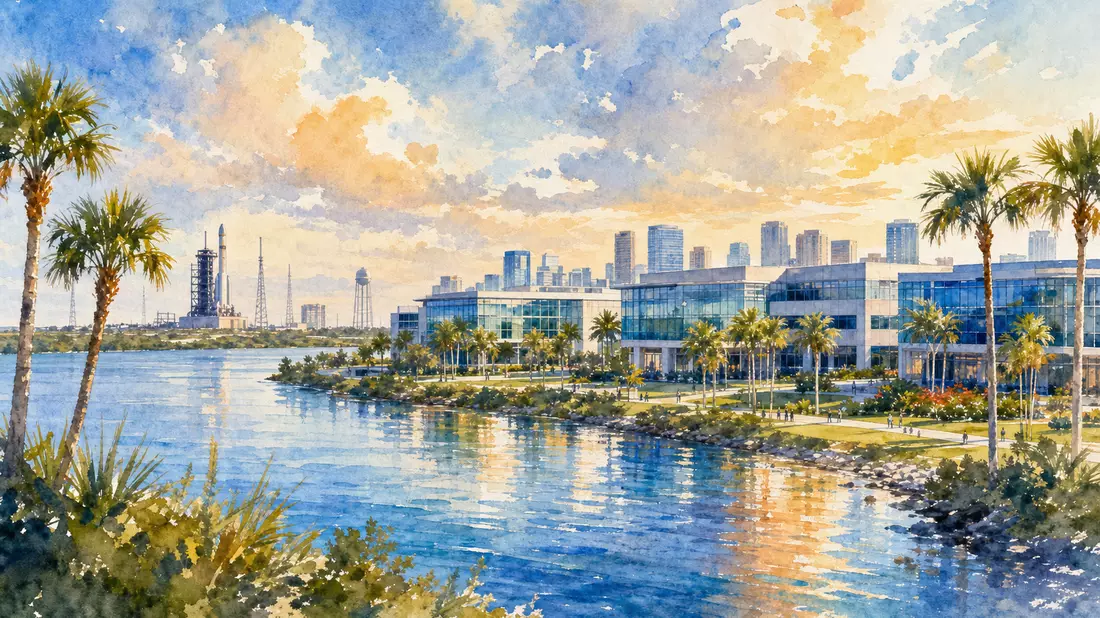 Aquarellbild einer Küstenstadt mit Bürocampus, Palmen und Raketenstartanlage in der Ferne