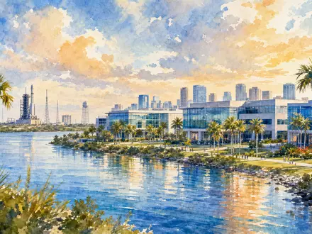 Aquarellmalerei zeigt Firmensitz-Stadtlandschaft von L3Harris Technologies, ISIN US5024311095, mit Palmen und Raketenstartanlage im Hintergrund - Foto: THN