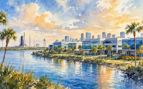 Aquarellmalerei zeigt Firmensitz-Stadtlandschaft von L3Harris Technologies, ISIN US5024311095, mit Palmen und Raketenstartanlage im Hintergrund - Foto: THN