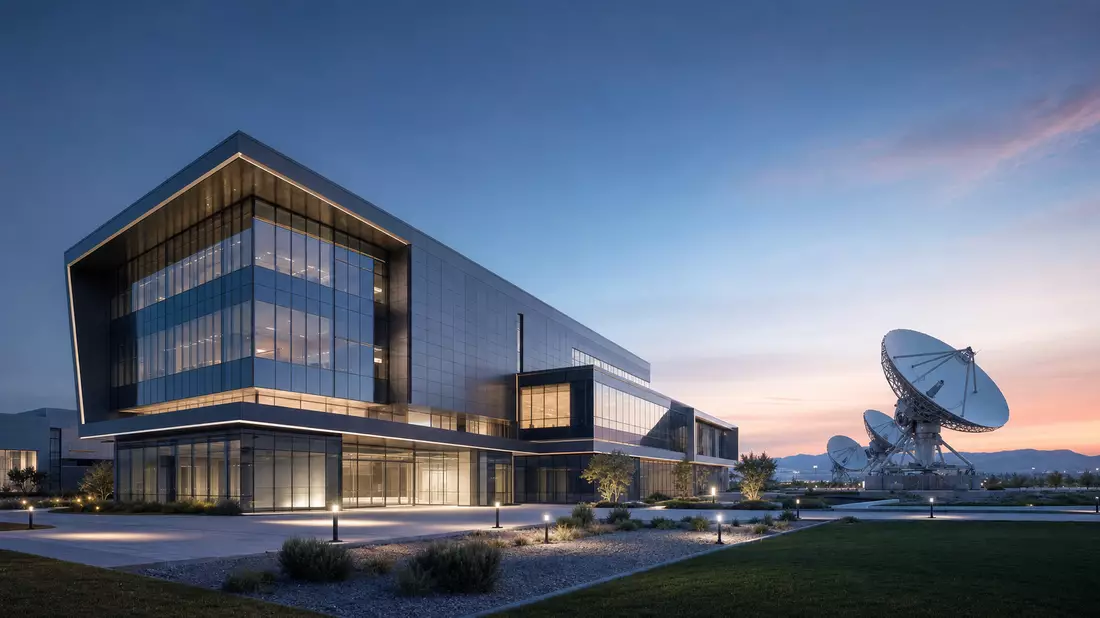 3D-Render eines modernen Glasgebäudes neben großen Satellitenschüsseln in der Abenddämmerung