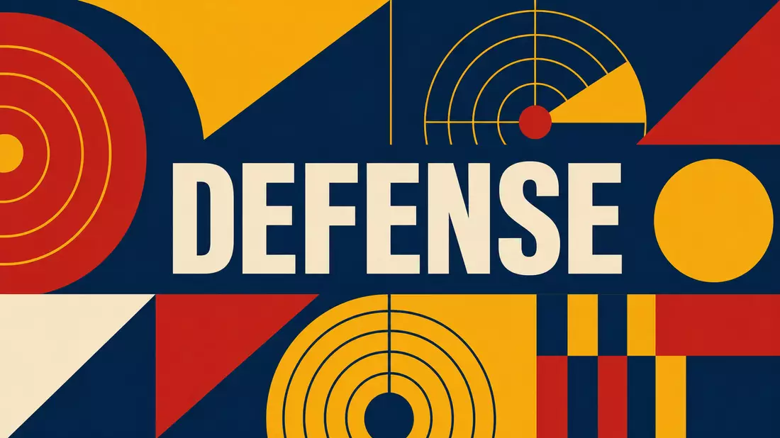 Geometrisches Bauhaus-Poster in Blau, Rot und Gelb mit dem Wort DEFENSE und Radarkreisen