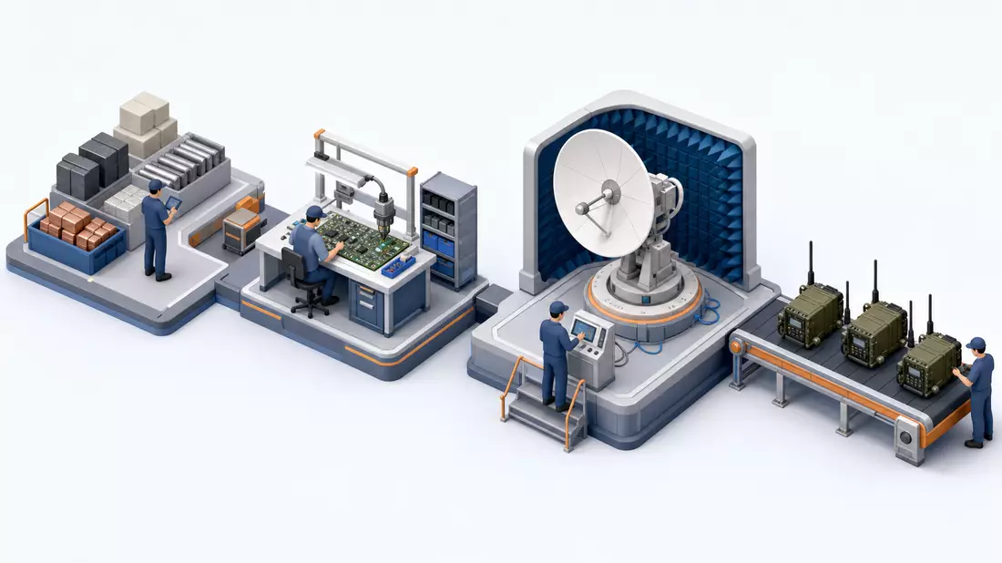 Isometrische 3D-Grafik einer Produktionskette von Materiallager bis fertigem Funkgerät
