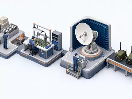 Isometrische 3D-Illustration visualisiert Wertschöpfungskette der Elektronikfertigung von L3Harris Technologies, ISIN US5024311095, in vier Produktionsstufen - Foto: THN