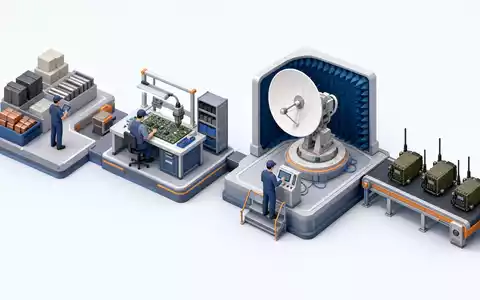 Isometrische 3D-Illustration visualisiert Wertschöpfungskette der Elektronikfertigung von L3Harris Technologies, ISIN US5024311095, in vier Produktionsstufen - Foto: THN