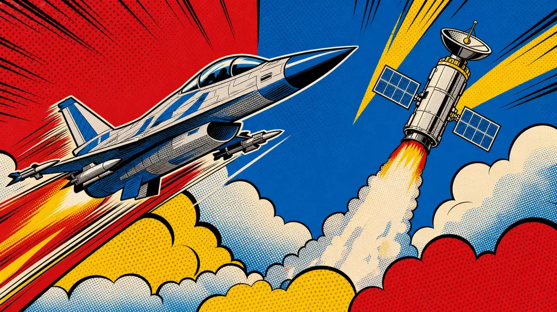 Bunte Pop-Art-Comicillustration eines Kampfjets und startenden Satelliten am Himmel