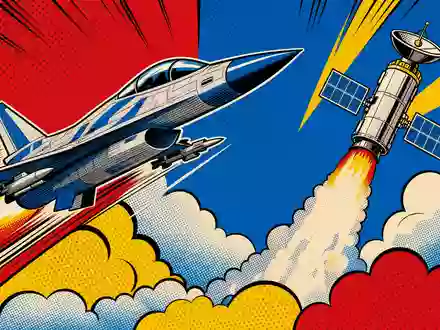 Pop-Art-Comicszene zeigt Kampfjet und Satellit passend zur Branche von L3Harris Technologies, ISIN US5024311095 - Foto: THN