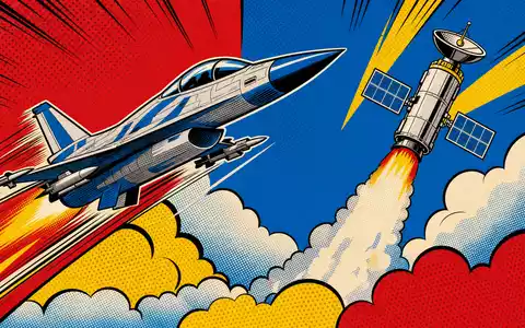 Pop-Art-Comicszene zeigt Kampfjet und Satellit passend zur Branche von L3Harris Technologies, ISIN US5024311095 - Foto: THN