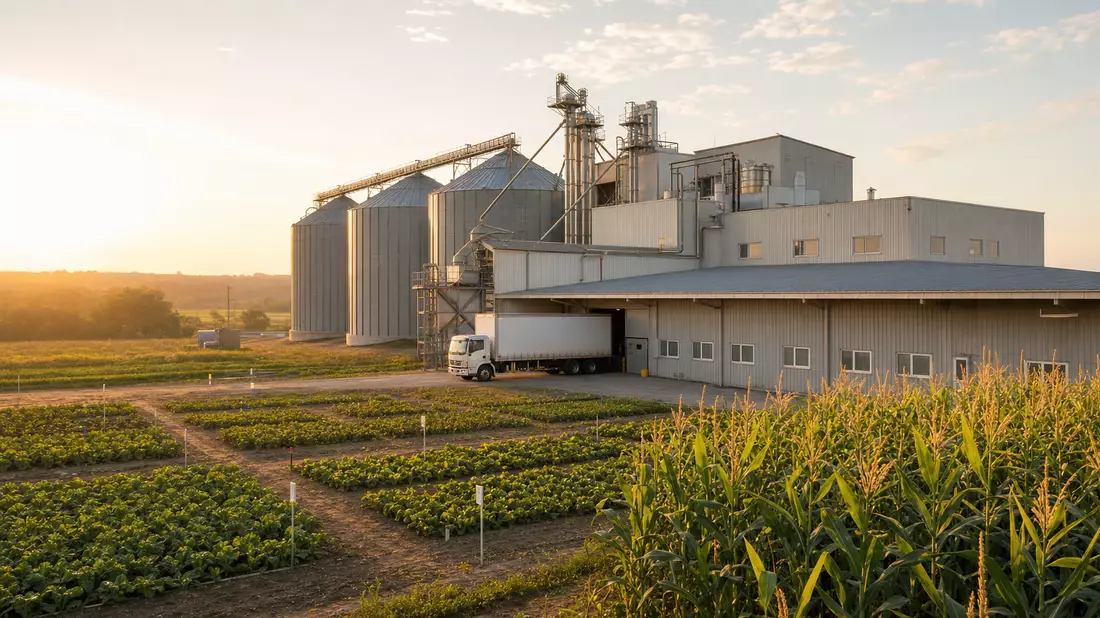 Fotorealistische Saatgutverarbeitungsanlage mit Silos und Testfeldern im Morgenlicht