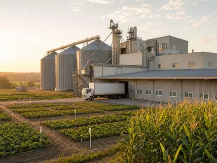 KWS SAAT SE DE0007074007 zeigt fotorealistische Saatgutanlage mit Silos, Feldern und Lieferwagen bei Sonnenaufgang - Foto: THN