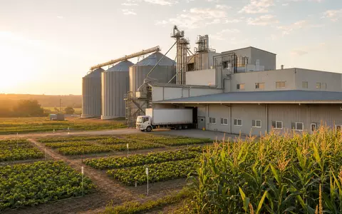 KWS SAAT SE DE0007074007 zeigt fotorealistische Saatgutanlage mit Silos, Feldern und Lieferwagen bei Sonnenaufgang - Foto: THN
