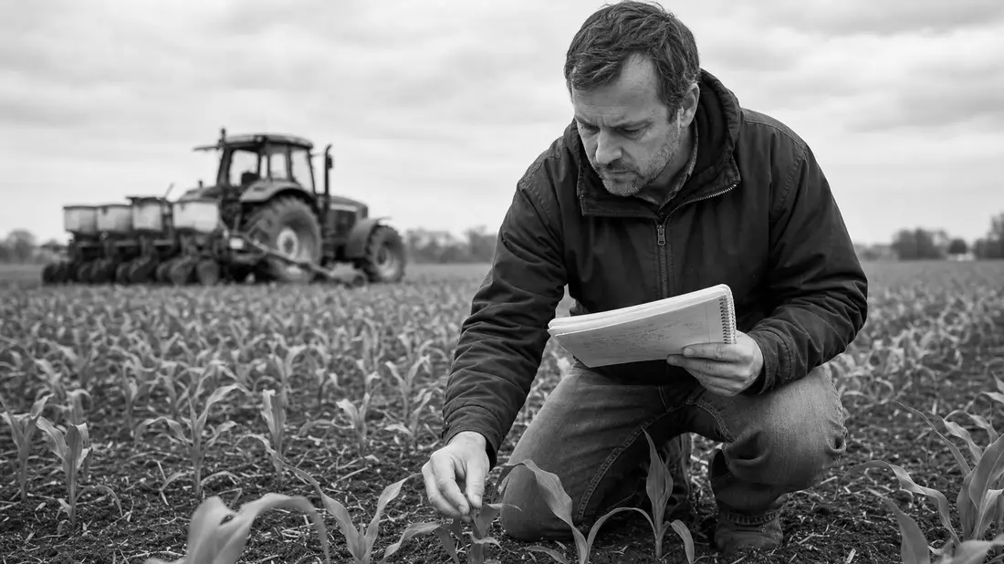 Schwarzweiß-Reportagefoto eines Agronomen bei der Inspektion von Maisfeldern