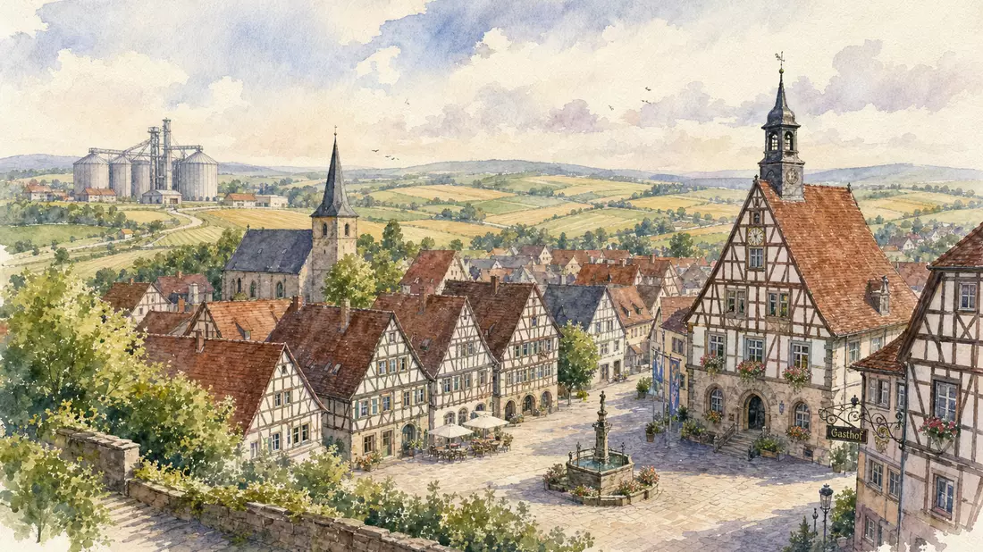 Aquarellmalerei einer historischen Kleinstadt mit ländlicher Feldlandschaft im Hintergrund