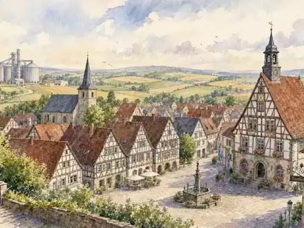 KWS SAAT SE DE0007074007 als Aquarellbild einer deutschen Kleinstadt umgeben von Feldern und Getreidesilos - Foto: THN