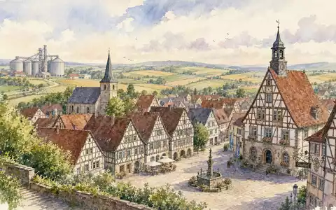KWS SAAT SE DE0007074007 als Aquarellbild einer deutschen Kleinstadt umgeben von Feldern und Getreidesilos - Foto: THN
