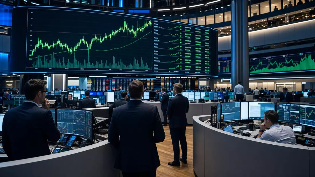 Börsen-Editorialfoto eines Handelsraums mit grünen Aktiencharts auf großen Bildschirmen