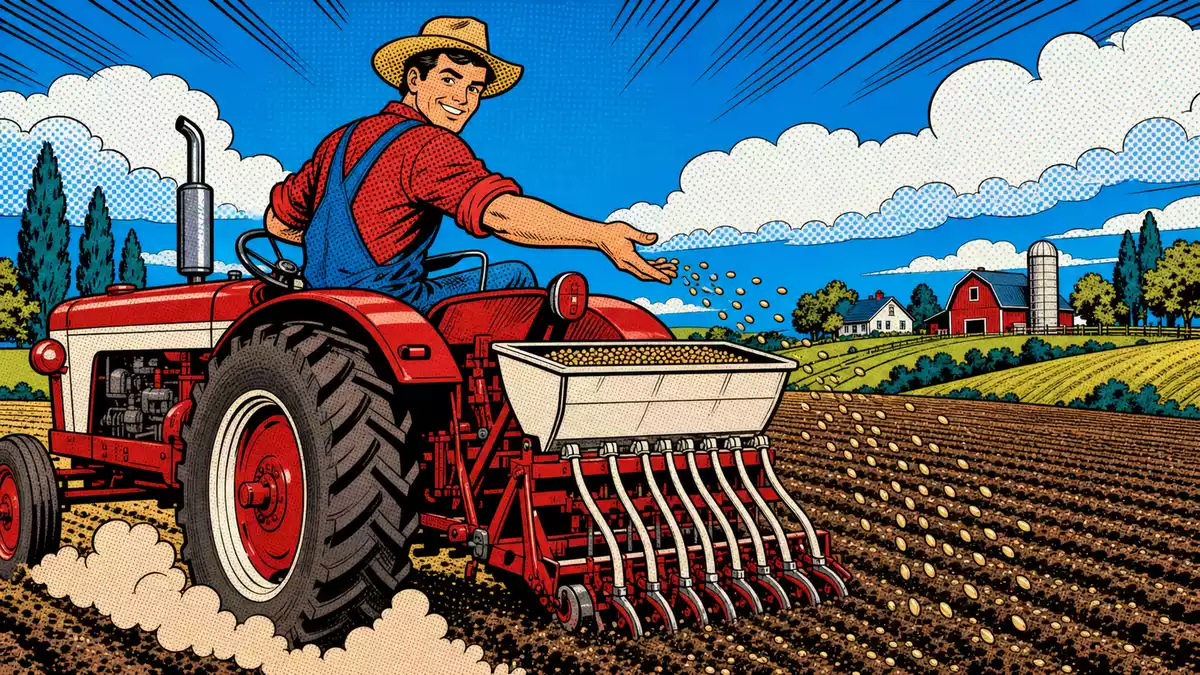 Pop-Art-Comic eines lächelnden Landwirts beim Aussäen auf einem Traktor im Feld
