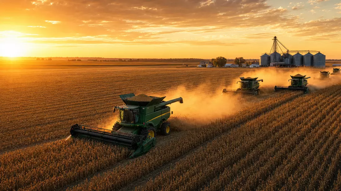 Drei Mähdrescher ernten Sojabohnenfeld bei Sonnenuntergang, Silos im Hintergrund
