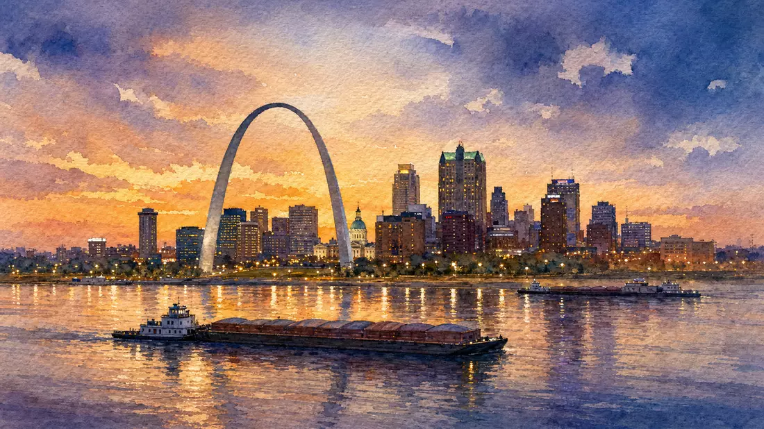 Aquarell-Skyline St. Louis mit Gateway Arch und Getreidekähnen auf dem Mississippi