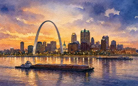 Bunge Global SA US12185T1043 in aquarellierter Skyline von St. Louis am Mississippi mit Getreidekähnen - Foto: THN