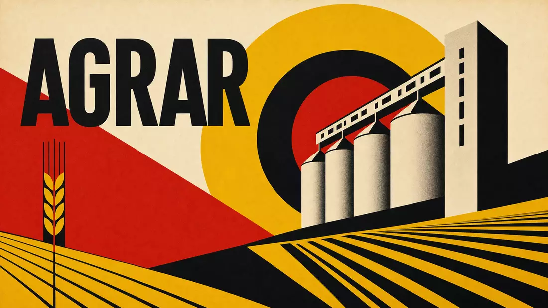 Bauhaus-Poster: geometrische Silos, Weizenähre, AGRAR-Schrift in Rot-Gelb-Schwarz