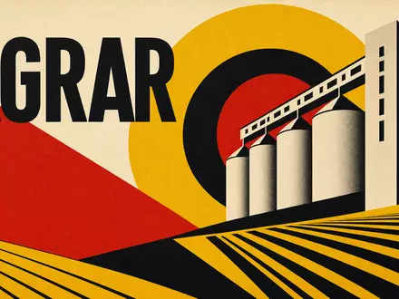 Bunge Global SA US12185T1043 als konstruktivistisches Bauhaus-Poster mit AGRAR-Sektor-Schrift und abstrakten Getreidesiloformen - Foto: THN