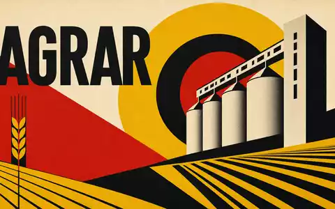 Bunge Global SA US12185T1043 als konstruktivistisches Bauhaus-Poster mit AGRAR-Sektor-Schrift und abstrakten Getreidesiloformen - Foto: THN
