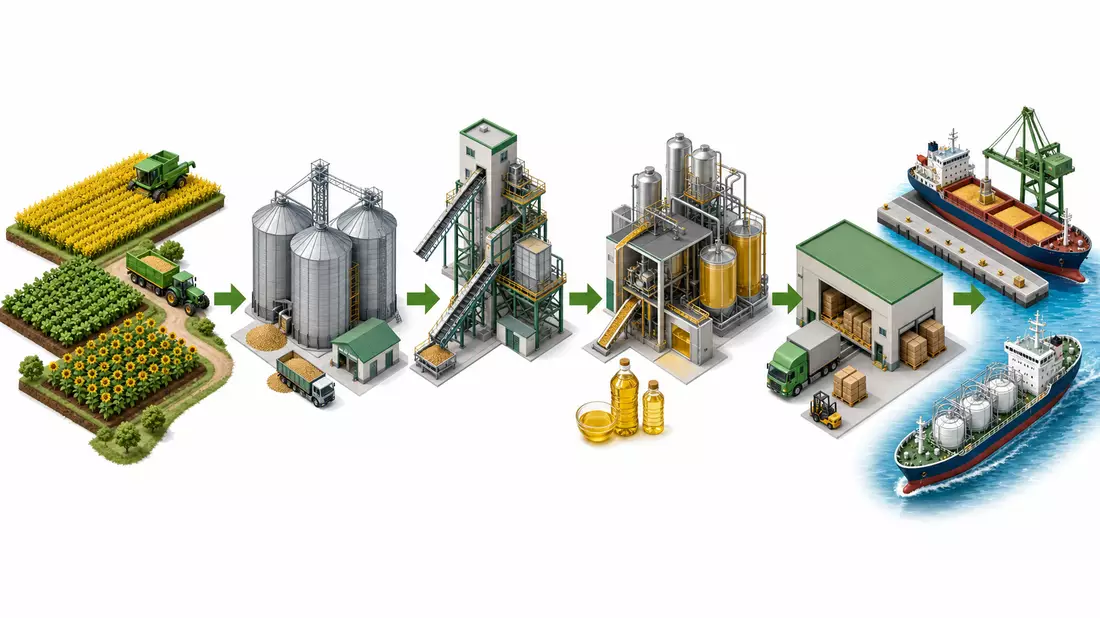 Isometrisches 3D-Diagramm: Ölsaaten-Wertschöpfungskette Ernte, Silos, Verarbeitung, Export