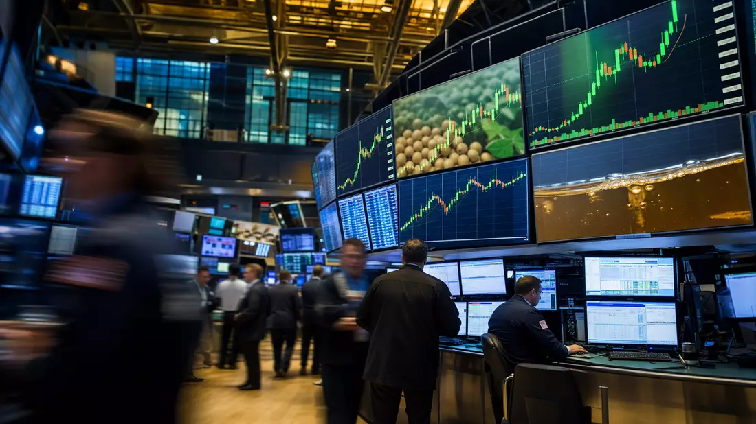 NYSE-Handelssaal mit Tradern und Sojabohnen-Futures-Charts auf großen Bildschirmen