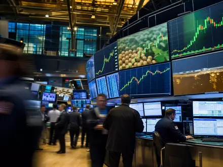 Bunge Global SA US12185T1043 an der NYSE mit Rohstoff-Futures-Charts für Sojabohnen im Handelssaal - Foto: THN