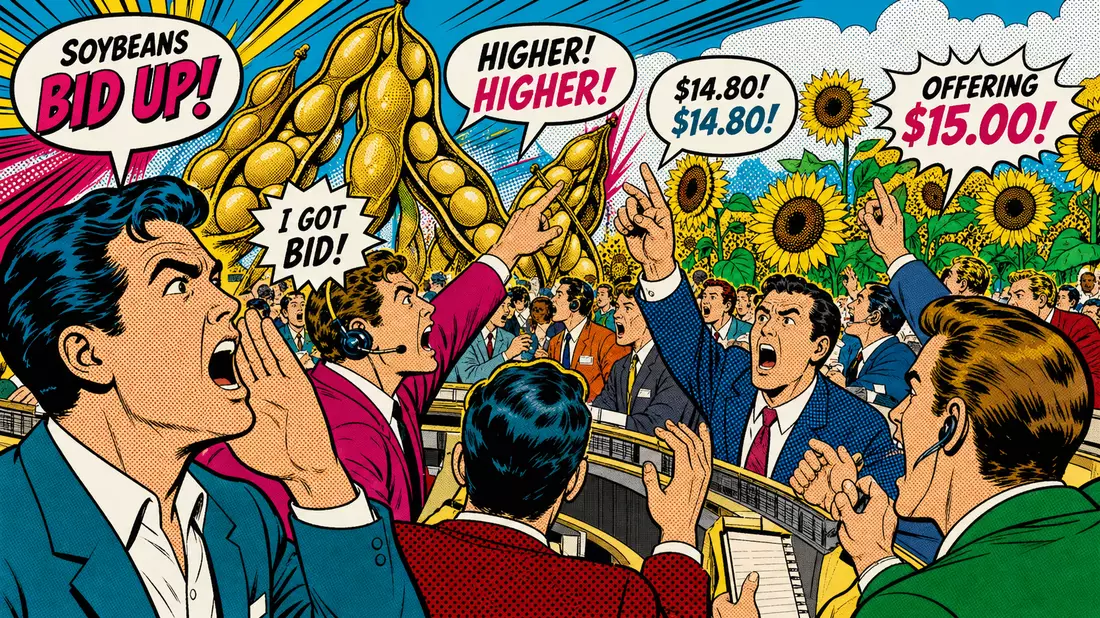 Pop-Art-Comic: Händler beim Agrar-Futures-Bietgefecht mit riesigen Sojabohnenschoten