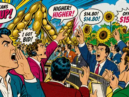 Bunge Global SA US12185T1043 als Pop-Art-Comic mit lautstark bietenden Händlern und Sojabohnenpflanzen - Foto: THN