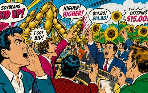 Bunge Global SA US12185T1043 als Pop-Art-Comic mit lautstark bietenden Händlern und Sojabohnenpflanzen - Foto: THN