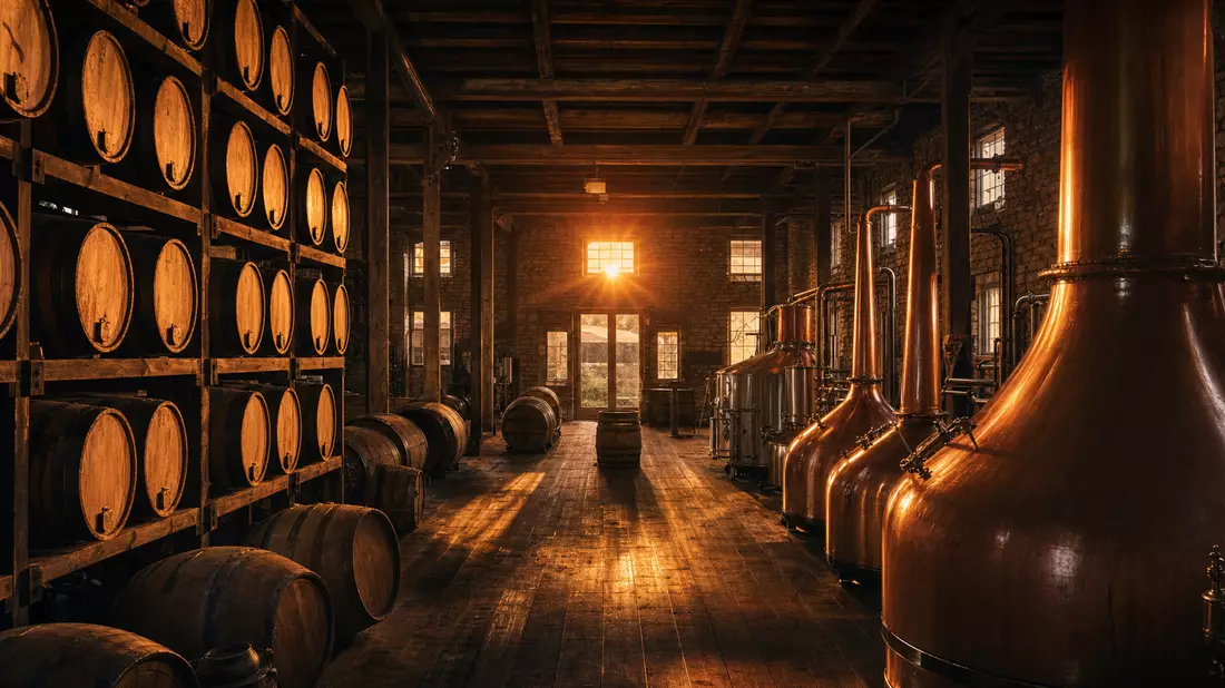 Fotorealistische Bourbon-Destillerie in Louisville KY mit Kupferstills und Eichenfässern