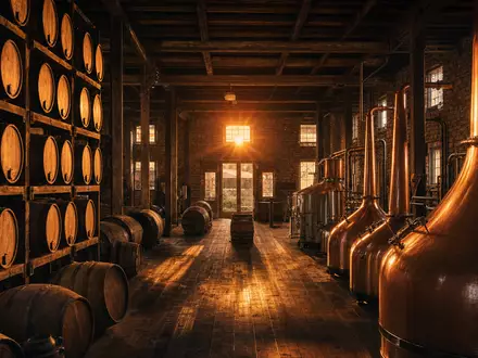Brown-Forman Corp. US1170431092 zeigt eine authentische Bourbon-Destillerie in Louisville, Kentucky bei goldenem Abendsonnenlicht - Foto: THN